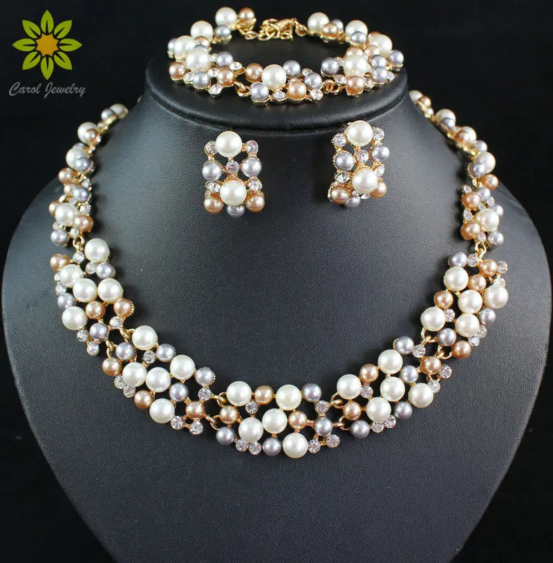 Fashion Women Bridal Wedding Accessories Crystal Necklace Sets Gold
