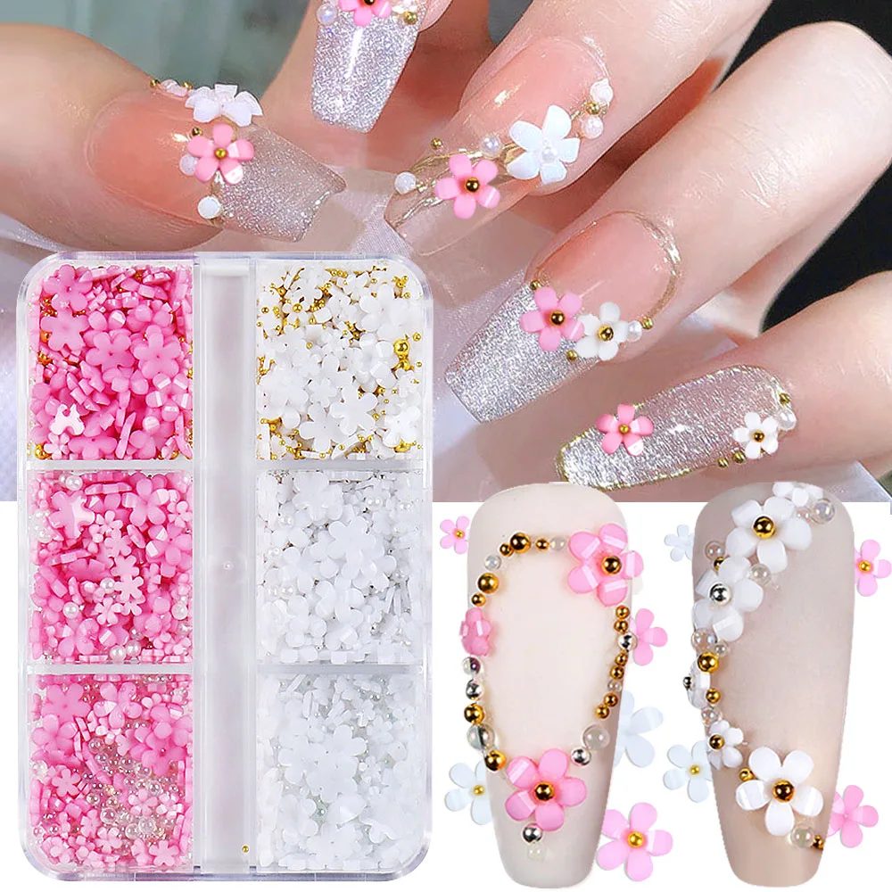 

6 Grids Acrylic Flower Nail Charms Petals Nail Rhinestone Kit Nail Pearls Beads Spring Nail Art Accessories Nail Decorations
