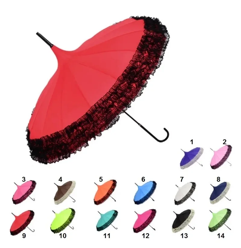 

(50 pieces/lot) New Elegant Semi-automatic Lace Golf Umbrella Fancy sunny and rainy Pagoda Umbrellas 14 colors available