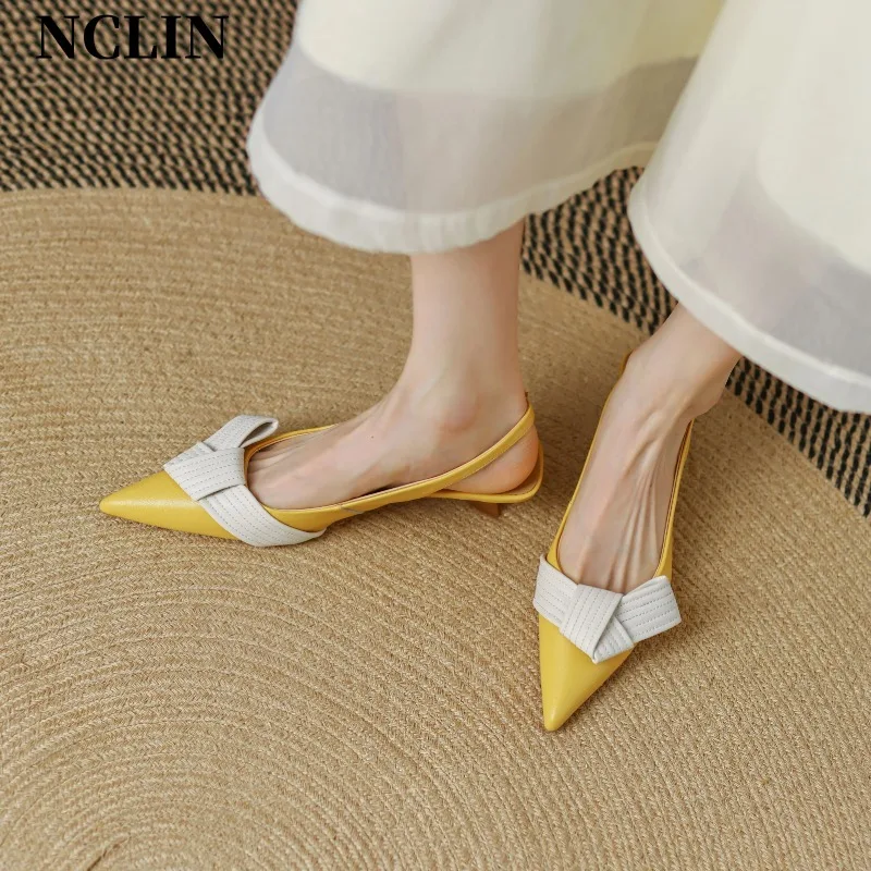 

2024 Summer Full Grain Leather Shallow Stiletto Med Heels Buckle Straps Pointed Toe Summer Butterfly-knot Big Size Women Pumps