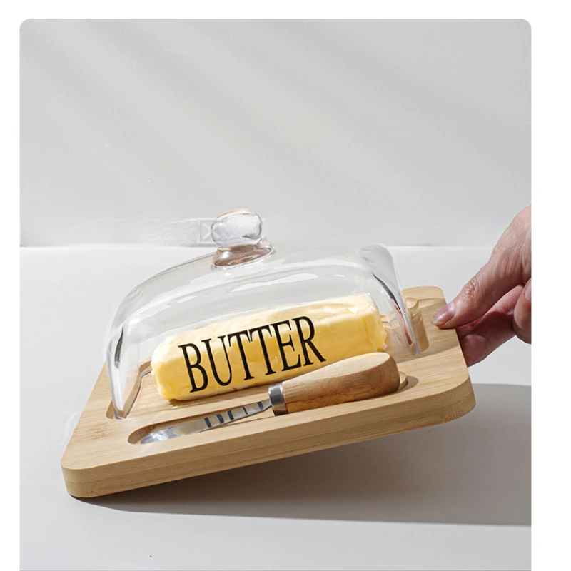 Wood Butter Dish With Glass Lid And Knife