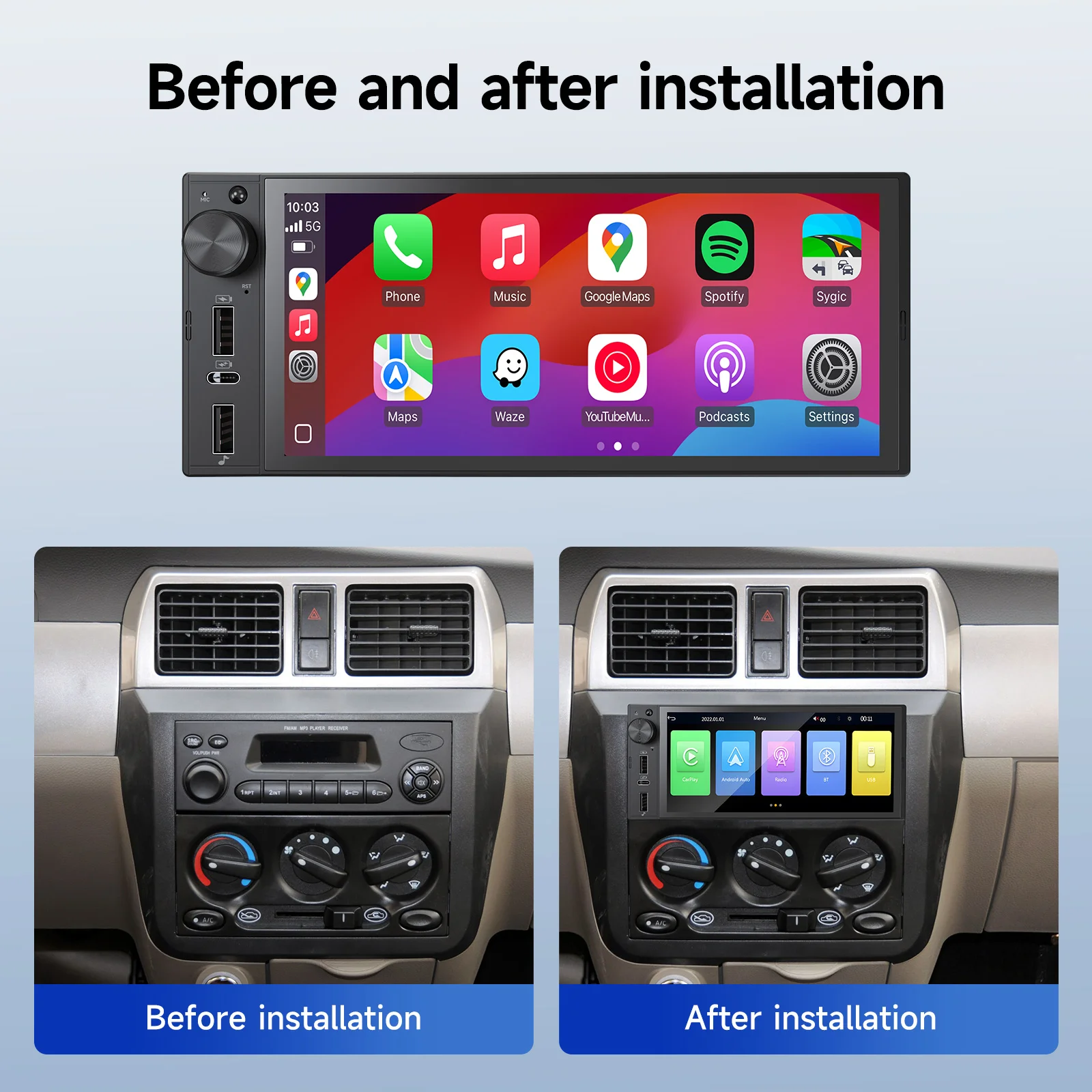 IPS 6 Inch 1Din Wireless Or wired Carplay Android Auto Car Radio Multimedia MP5 Player 1 Din DVD Bluetooth Stereo USB Charging