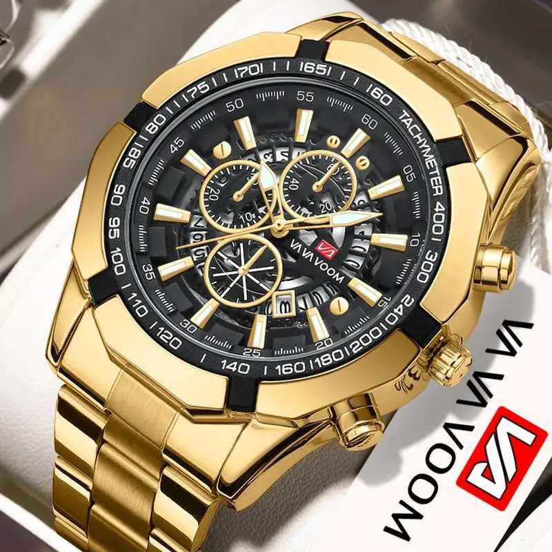 Top Brand Golden Luxury Sport Watch Men Stainless Steel Business Date Clock Daily Waterproof Watches Mens Quartz Wrist Watch