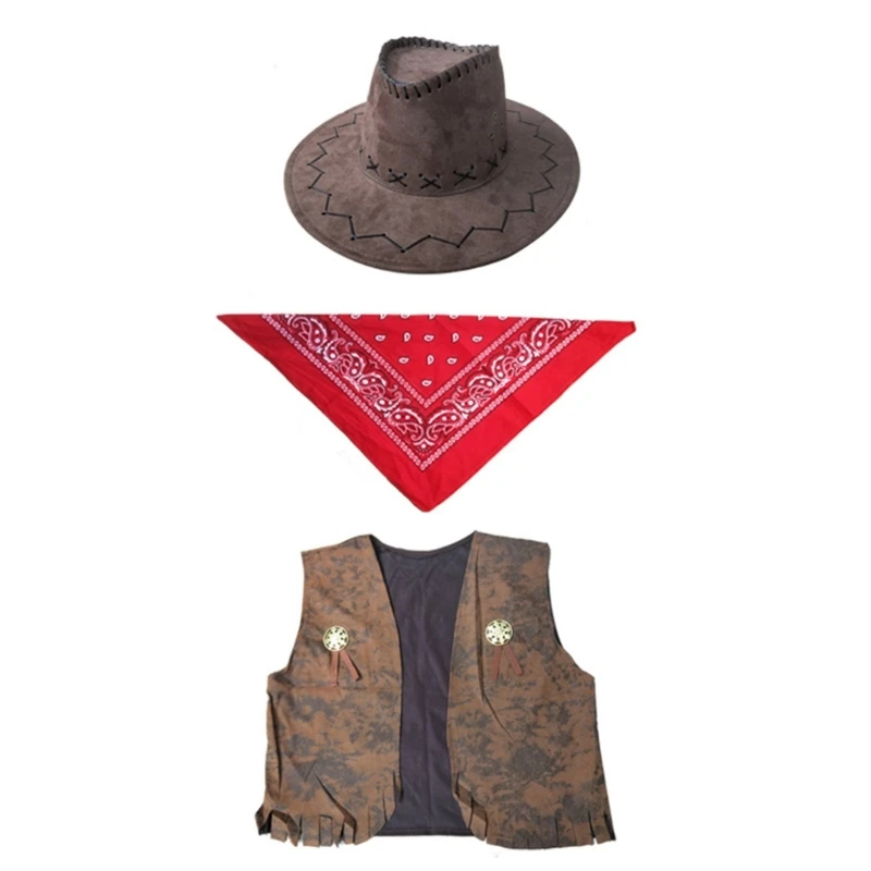 Cow-boy Costumes with Vests Hat Scarf Halloween Party Costume Accessories for Men Women Cos-play Party Dress-up Dropshipping