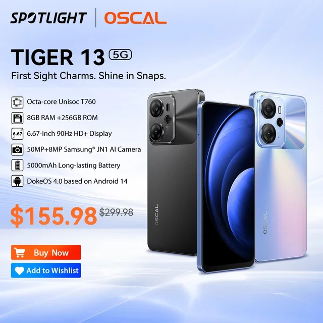 [العرض الأول في العالم] هاتف OSCAL TIGER 13 5G الذكي Unisoc T760، شاشة IPS مقاس 6.67 بوصة، كاميرا 8 جيجابايت + 256 جيجابايت، كاميرا AI 50 ميجابكسل NFC هاتف محمول 5000 مللي أمبير في الساعة 1