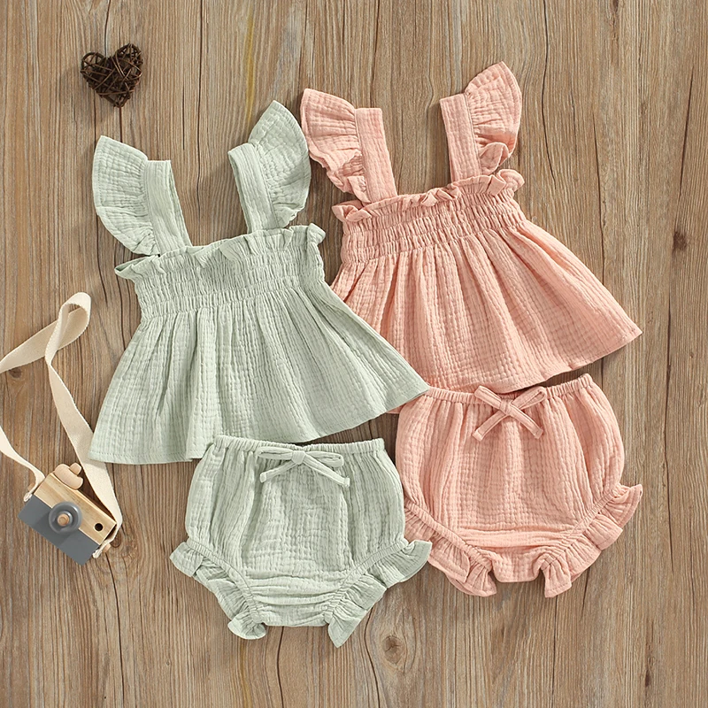 

2022-05-17 Lioraitiin 0-3Years Toddler Baby Girl 2Pcs Summer Fashion Clothing Off Shoulder Solid Dress Top Shorts For Sweet Girl