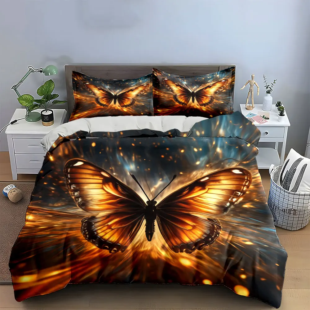 Golden Butterfly Bedding Set 3PC Magical Glowing Wings Print Duvet Cover with Pillowcases Art Style Bedding for Bedroom Decor 3