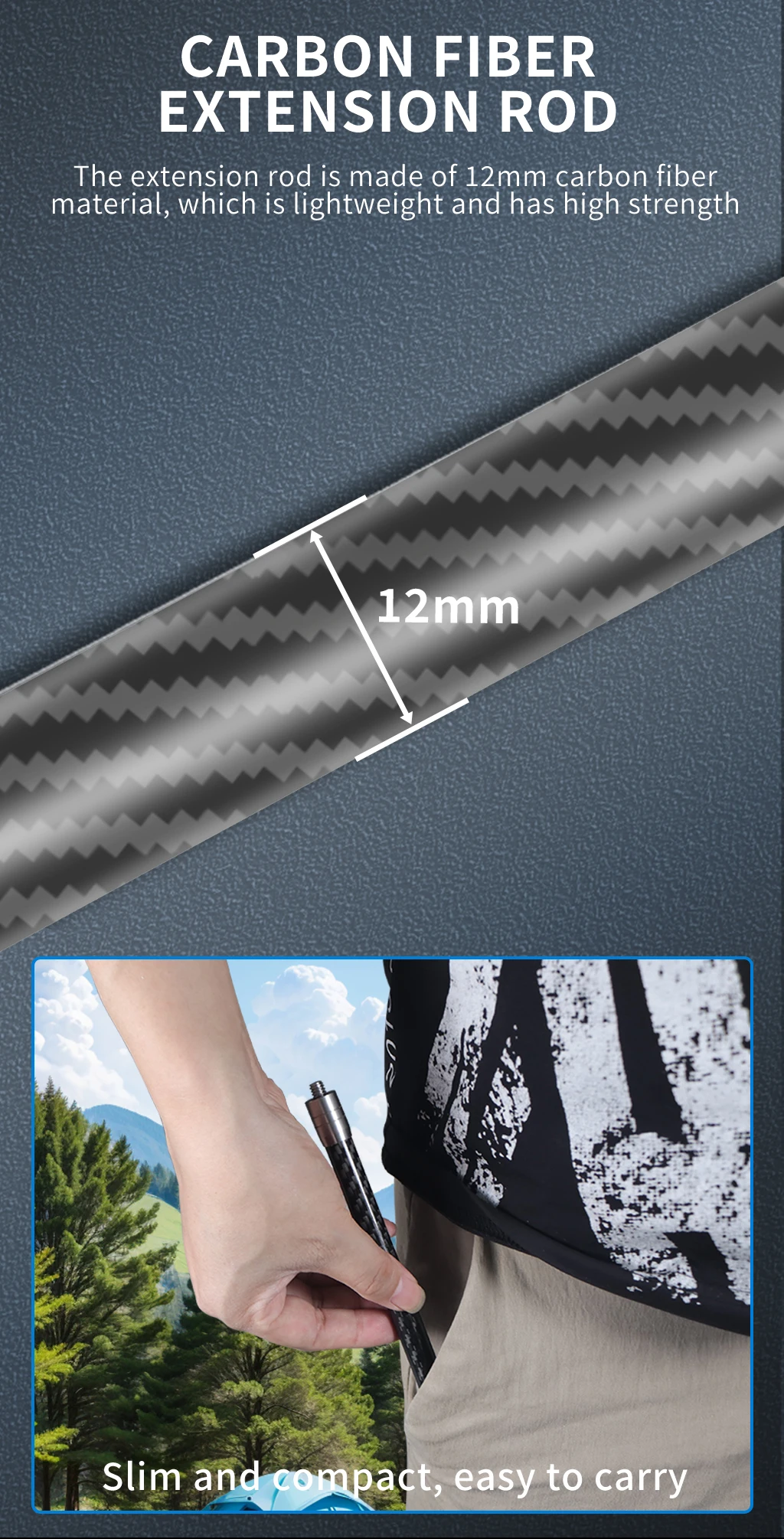 Description Picture 4 of item12mm Carbon Fiber Extend Pole Extension Arm 1/4 Selfie Stick Invisible Rod for Gopro DJI Insta360 Action Camera Helmet FOV Mount