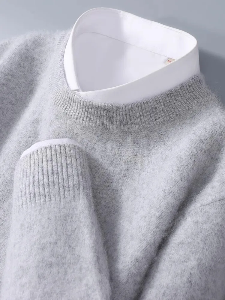 Men's mink cashmere sweater crewneck loose solid color cashmere undercoat youth business knit undercoat sweater
