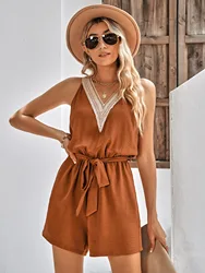 High Quality Luxury Brand Women's Clothing 2023 New Women's Casual Lace V-neck Solid Color Sleeveless Jumpsuit Lace Up Y2k