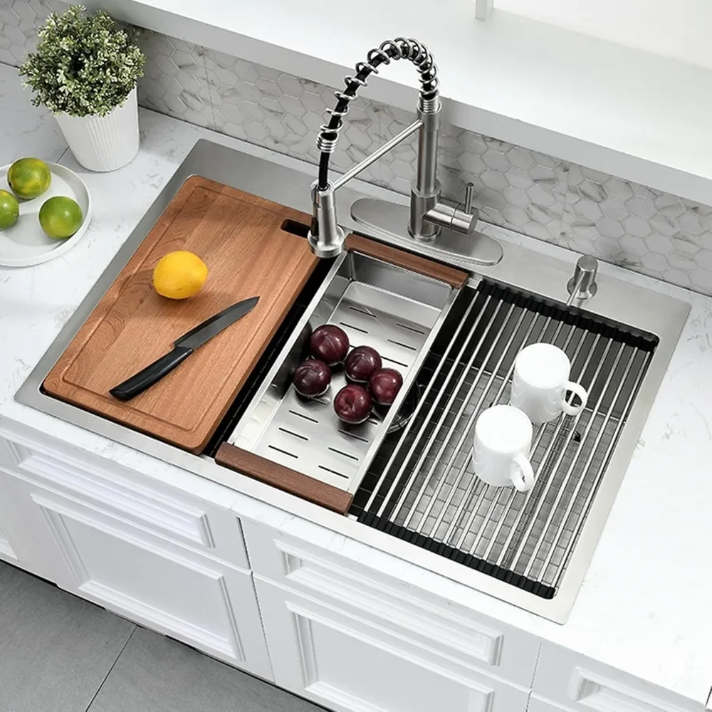 NEW-33 x 22 Drop In Kitchen Sink with Faucet Combo - 33x22 Drop In Sink and Faucet Combo Set,Stainless Steel 10 Inch Deep Single