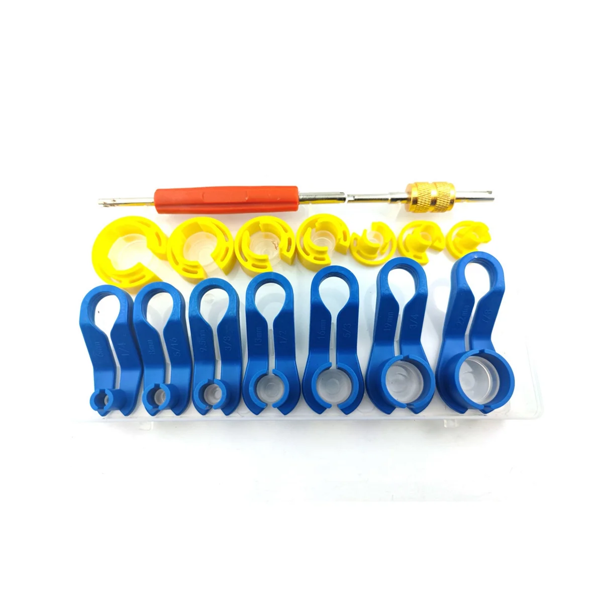 

16PC AC Fuel Line Disconnect Removal Tool Set W/Storage Box, Valve Core Remover Tool for 1/4 5/16 3/8 1/2 5/8 3/4 7/8 In