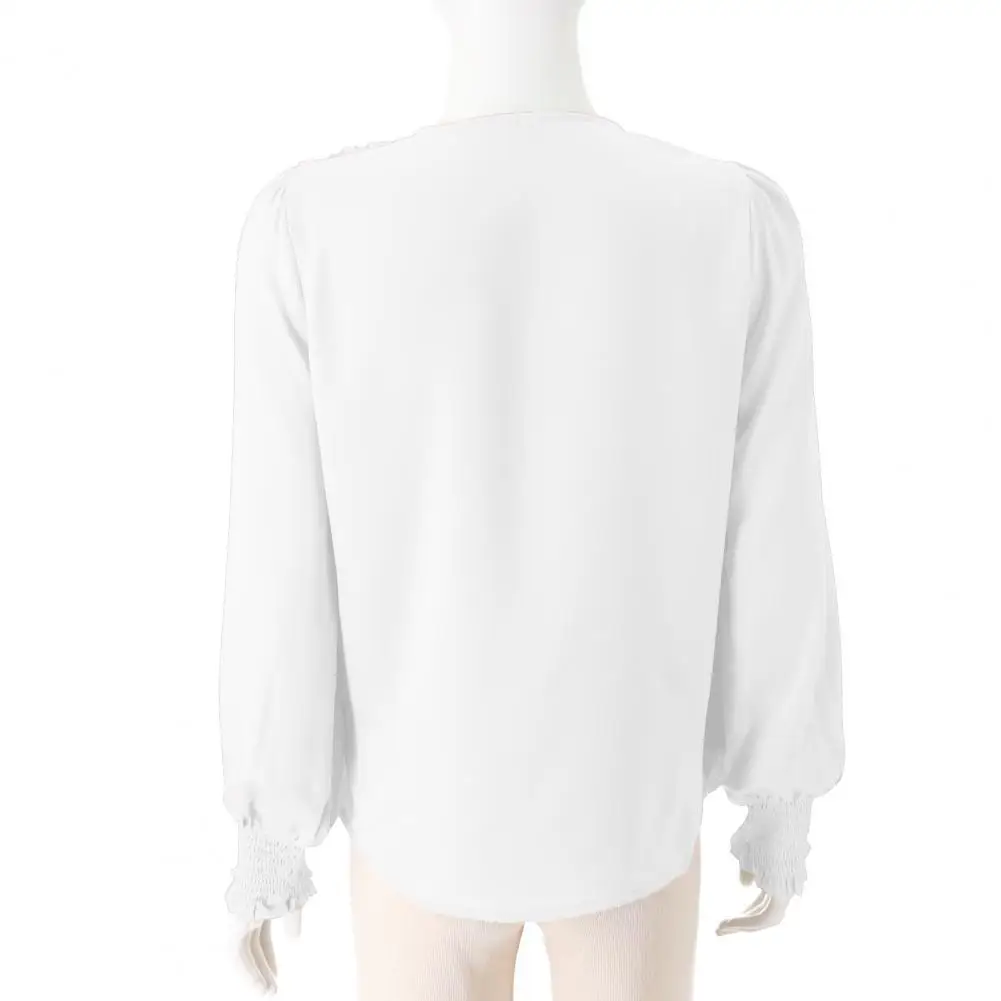 Women Solid Color Top Stylish Lantern Sleeve V-neck Top for Women Elegant Chic for Parties Silky Texture Blouse