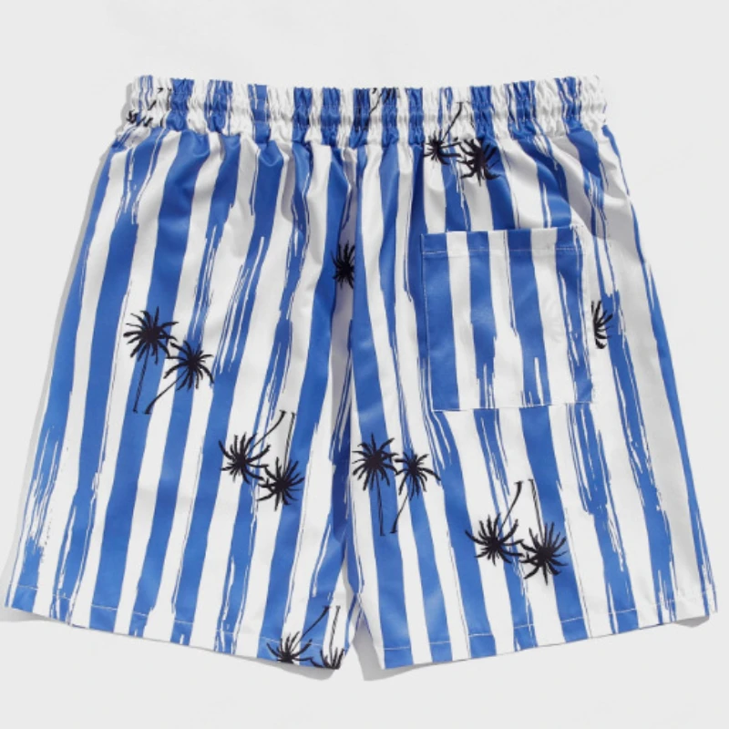 Summer Men Beach Pants Quick Drying Shorts Blue White Stripes Tree Printing Loose Letter Drawstring Swimming Trunks Vacation