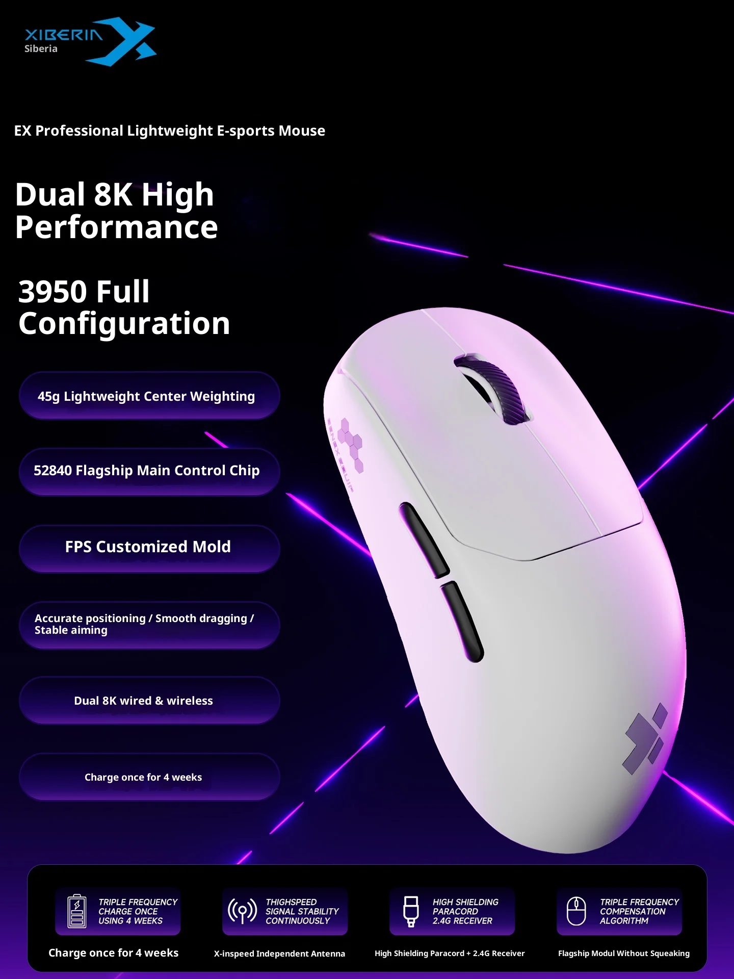 XIBERI EX 듀얼 8K FPS e스포츠 마우스 2.4G 듀얼 모드 게이밍 마우스 PAW3950 0.125ms 45g 경량 마우스 PC 게이머 선물용