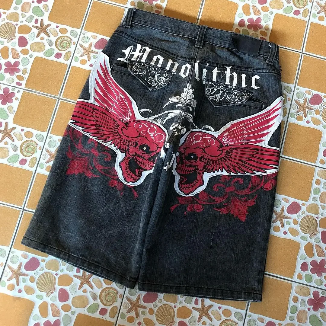 

Summer Gothic Blood Red Skull Print Pattern Denim Shorts Men's Street Trend Y2K Shorts Harajuku Style Loose Straight Pants