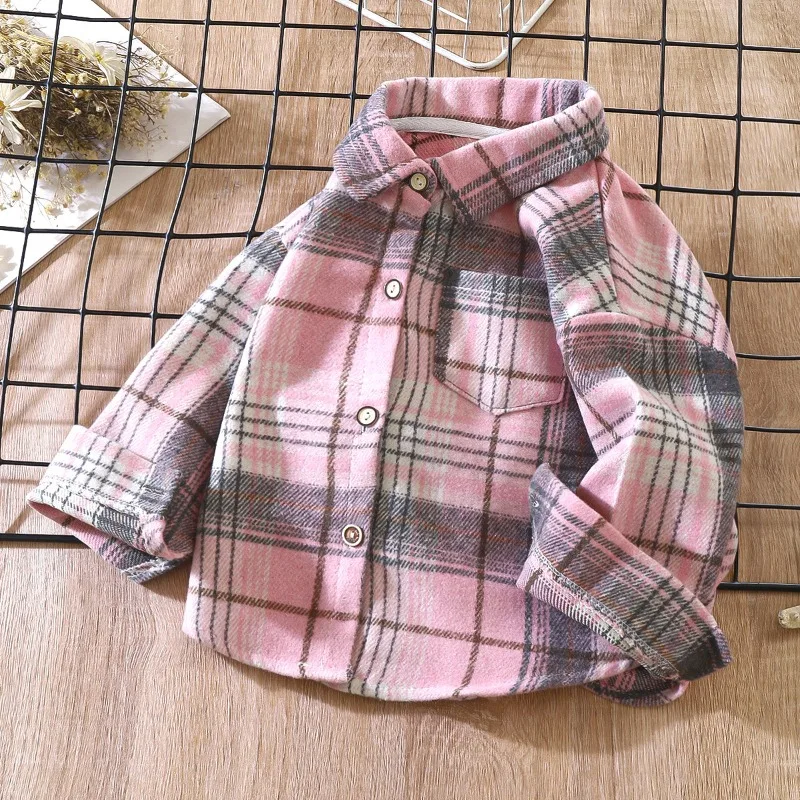 Boys Shirt Long-Sleeved Section Plaid Shirt Children Retro Colour Blocking Cardigan New Lapel Blouse Jacket Girls Shirt