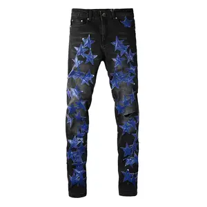 Men's Leather Stars Patches Design Jeans Streetwear Patchwork