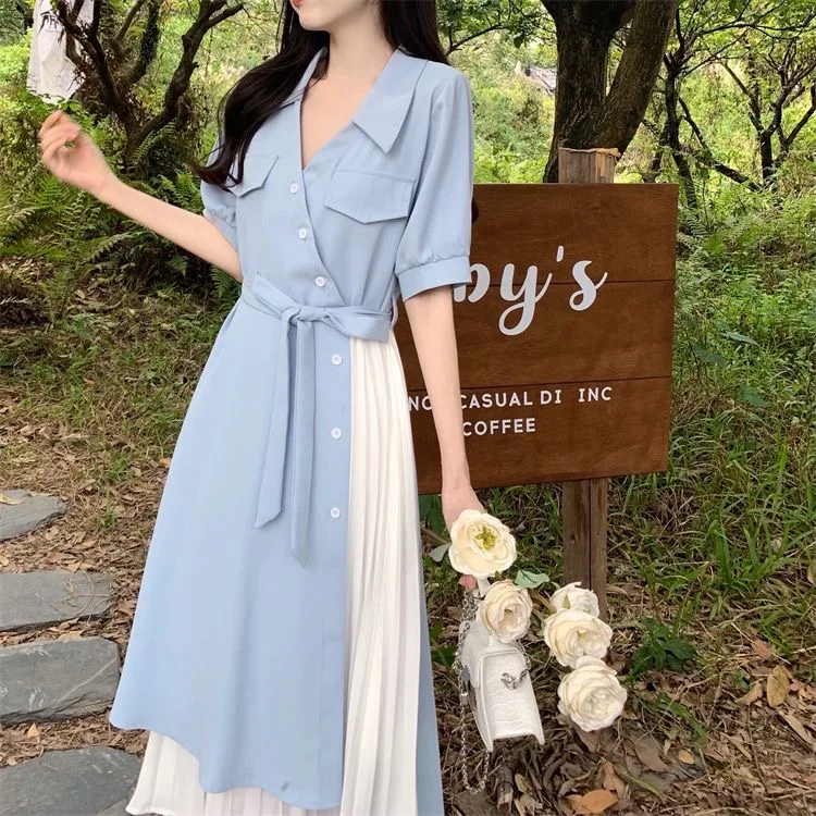 

Summer New Vintage French V-neck Dress Women Color Block Button Design Small Elegant Waist Closing Sashes Slim Irregular Dresses