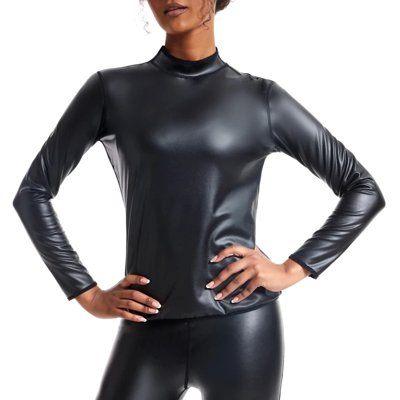 Body Shaper Waist Trainer Women Stand collar Leather Long Sleeves Shirt Motorcycle Biker Tops