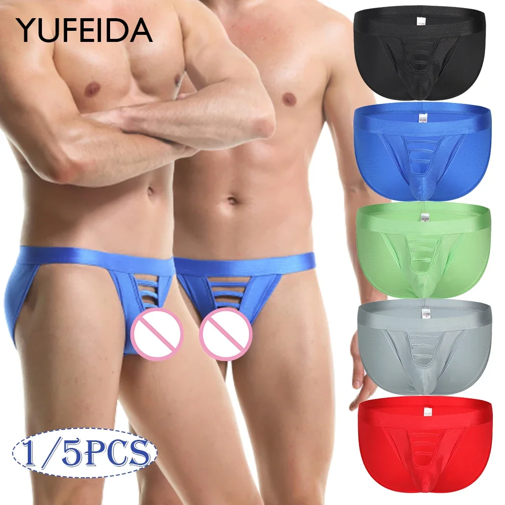 

YUFEIDA 1/5pcs Gays Underwear Men Jockstrap Sissy Panties Sexy Mens Briefs Bulge Pouch Male Underpants Open Crotch Hollow Briefs