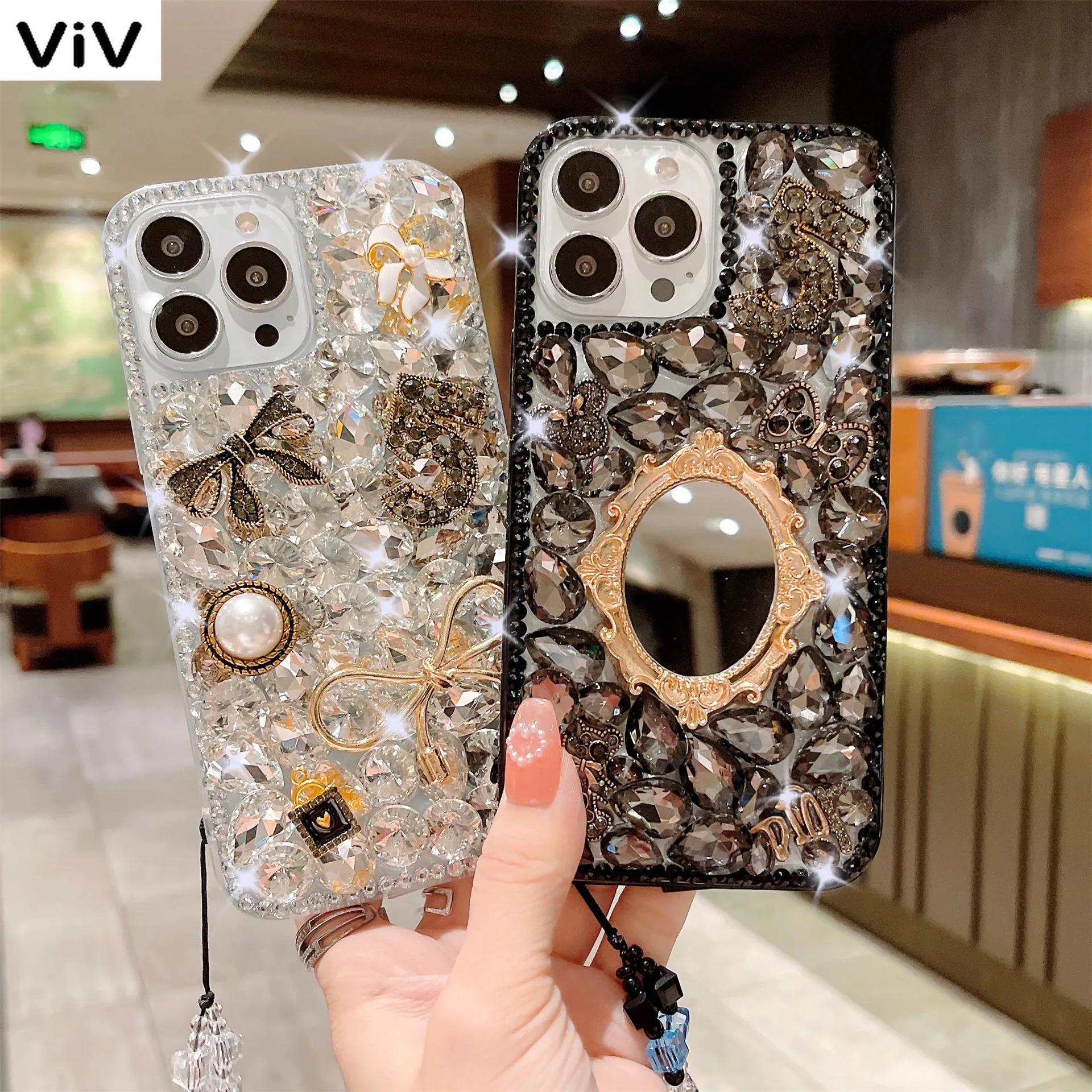 

Luxury Bling Glitter Jewelled Diamond Makeup Mirror Mobile Phone Case Girls For iPhone 14 15 13 12 11 Plus X XR XsMax