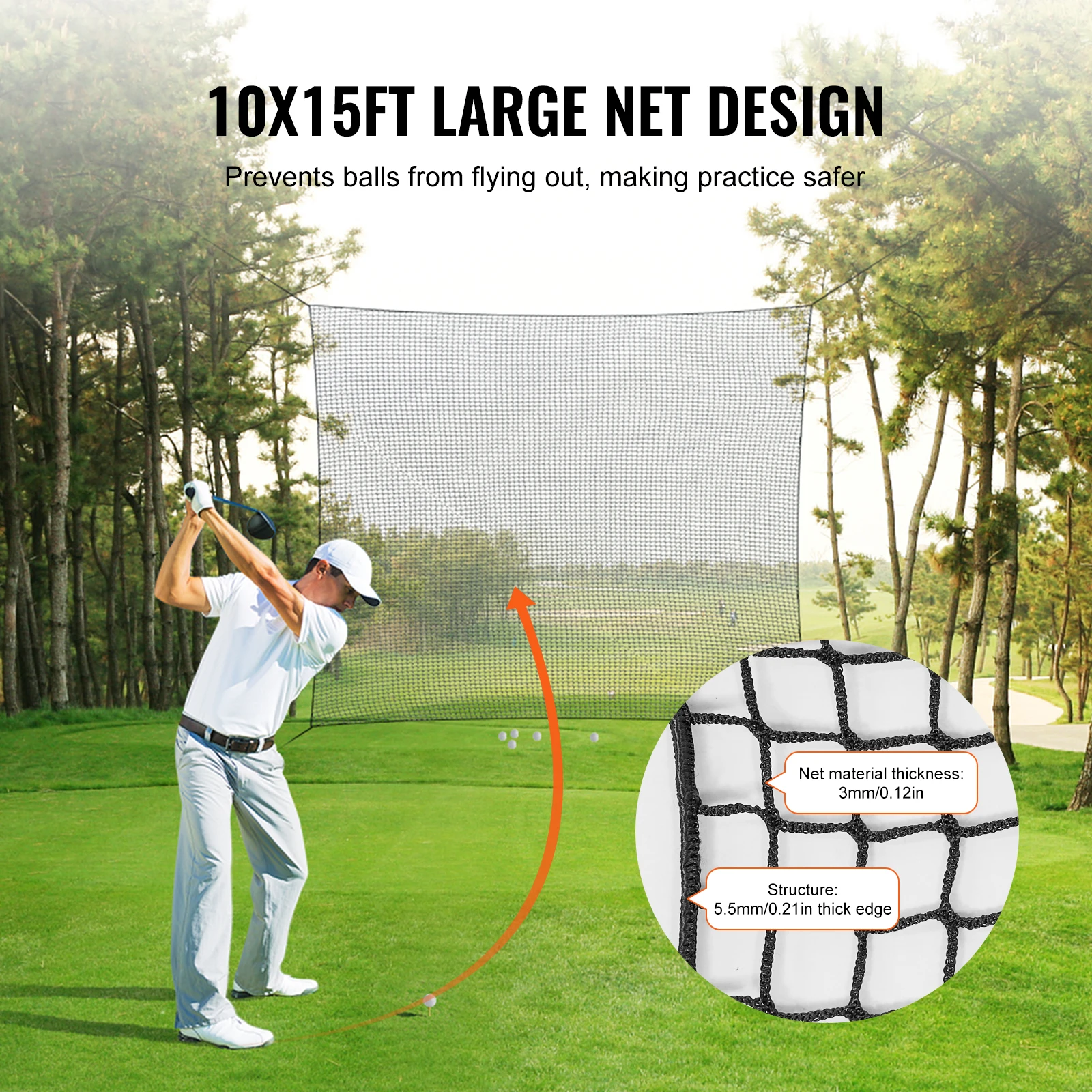 VEVOR 10x15ft Golf Net Golf Practice Net, Indoor Hitting Net for Golf Baseball Hockey Soccer, Heavy Duty Nylon DIY Ball Net 3