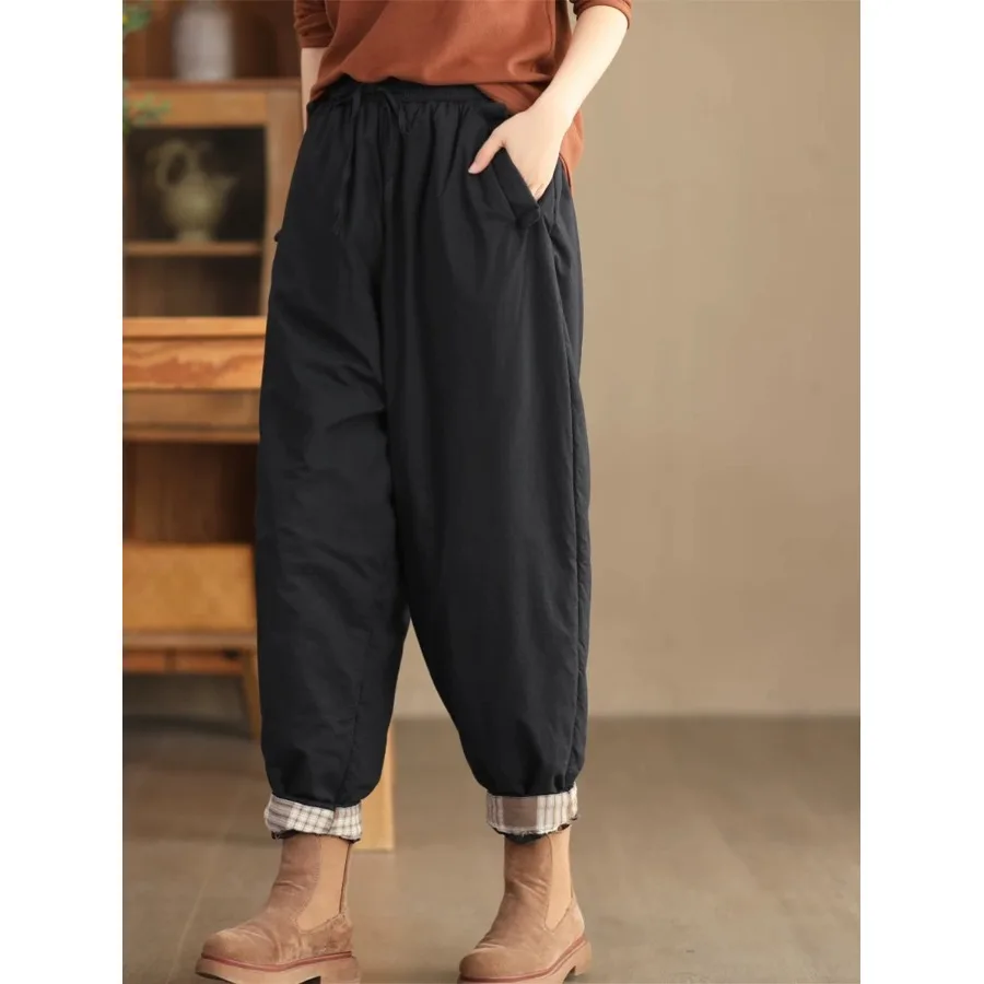 Winter Thiened Harlan Pants Women's Elastic Waist Quilted Cotton Texture Long Velvet Cotton Warm Trousers Casual Pants