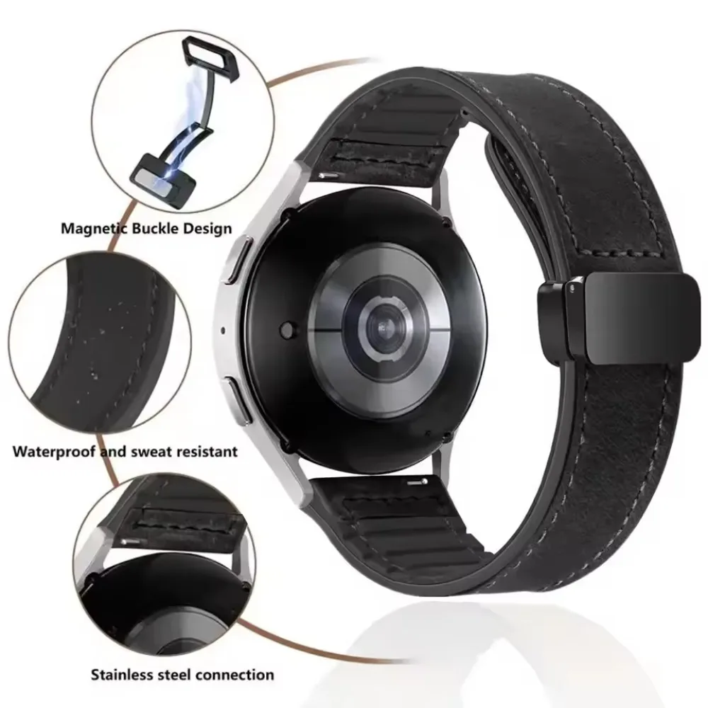 Dual-Material Magnetic Buckle Strap - Silicone & Leather Combination, Replaceable Wristband