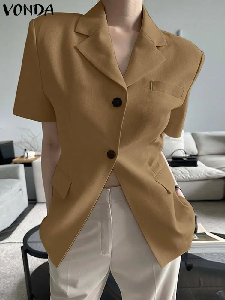 Women Fashion Blazer 2023 VONDA Casual Solid Color Elegant Outwears Lapel Neck Office Lady Coats Femininas Suits Baggy