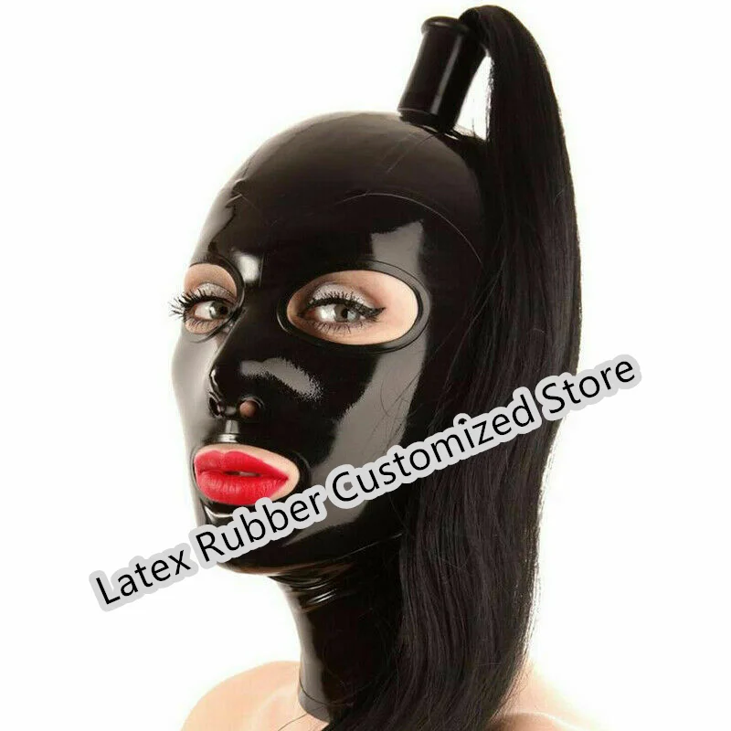 

Womens Lingerie Latex Hood Rubber Mask with Ponytail Wig Black Hair Back Zip for Party Night Club Cosplay Costumes