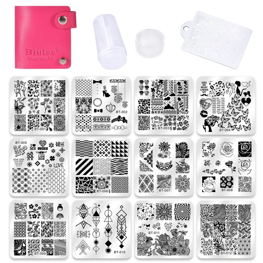 Biutee Nail Stamp Plates set 15 plate +1 Stamper+2 Scraper +1storage bag Desgins Nails Art Stamping Plate Scraper Stamper Set 3