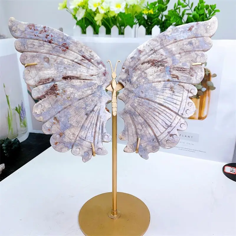 

Natural Cherry Blossom Agate Butterfly Wings Crystal Carving Quartz Healing Crafts Gift Room Decor Home Decoration 1pair