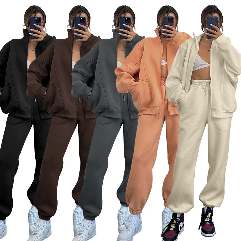 

Women Two Piece Sets Zipper Thick Coats Stand Collar Cardigan Full Sleeve Solid Loose Splice Long Pants Set Autumn Winter 2023
