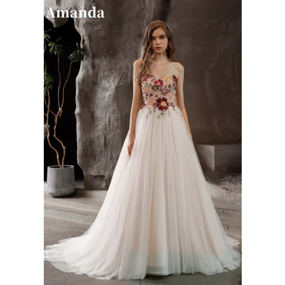 

Amanda Lace Embroidery A-line Prom Dresses Strapless Tulle Formal Occasion Sweep Train Elegant Sleeveless Valentines Day 2024