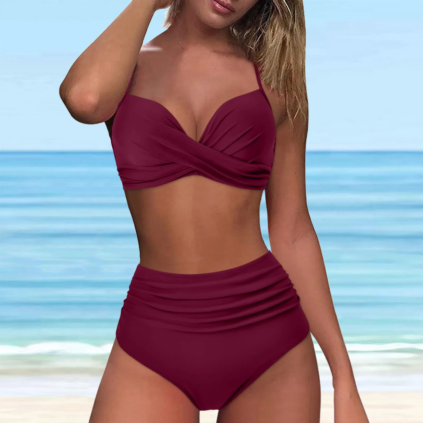 

2024 Women Bikini Halter High Waisted Sexy Push Up Two Piece Swimsuits Beach Bathing Suit Bather Retro Ruched Solid Bikini Set