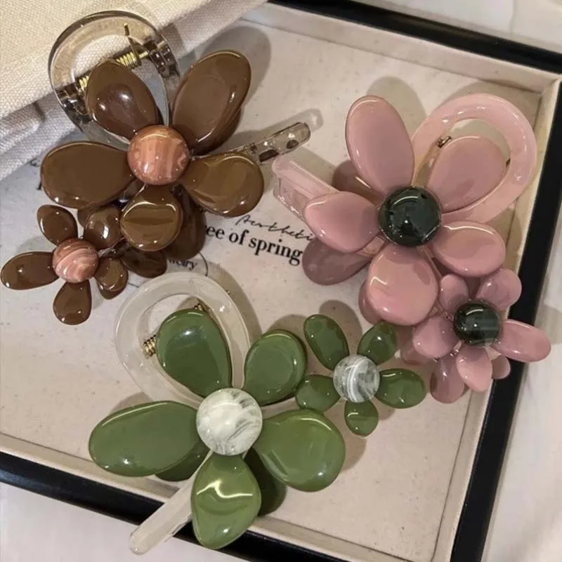 Korean Green Acrylic Flower Hair Claw Clips for Women Girls 2024