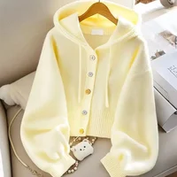 Yellow Loose Lazy Style Versatile New Autumn Women's Knitted Cardigan Top New Sense Hoodie Sweater Jacket Fashionable Outerwear