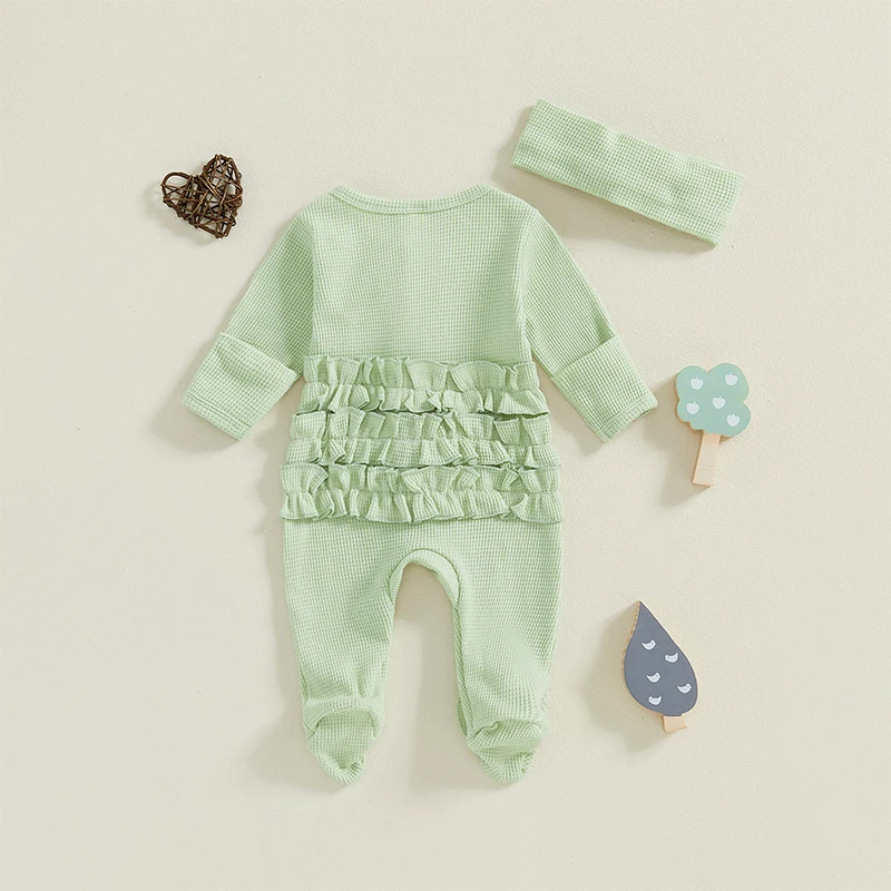 Pudcoco Newborn Baby Girl Fall Outfit Ruffle Trim Long Sleeve Full Length Zipper Footed Romper Bow Headband baby clothes