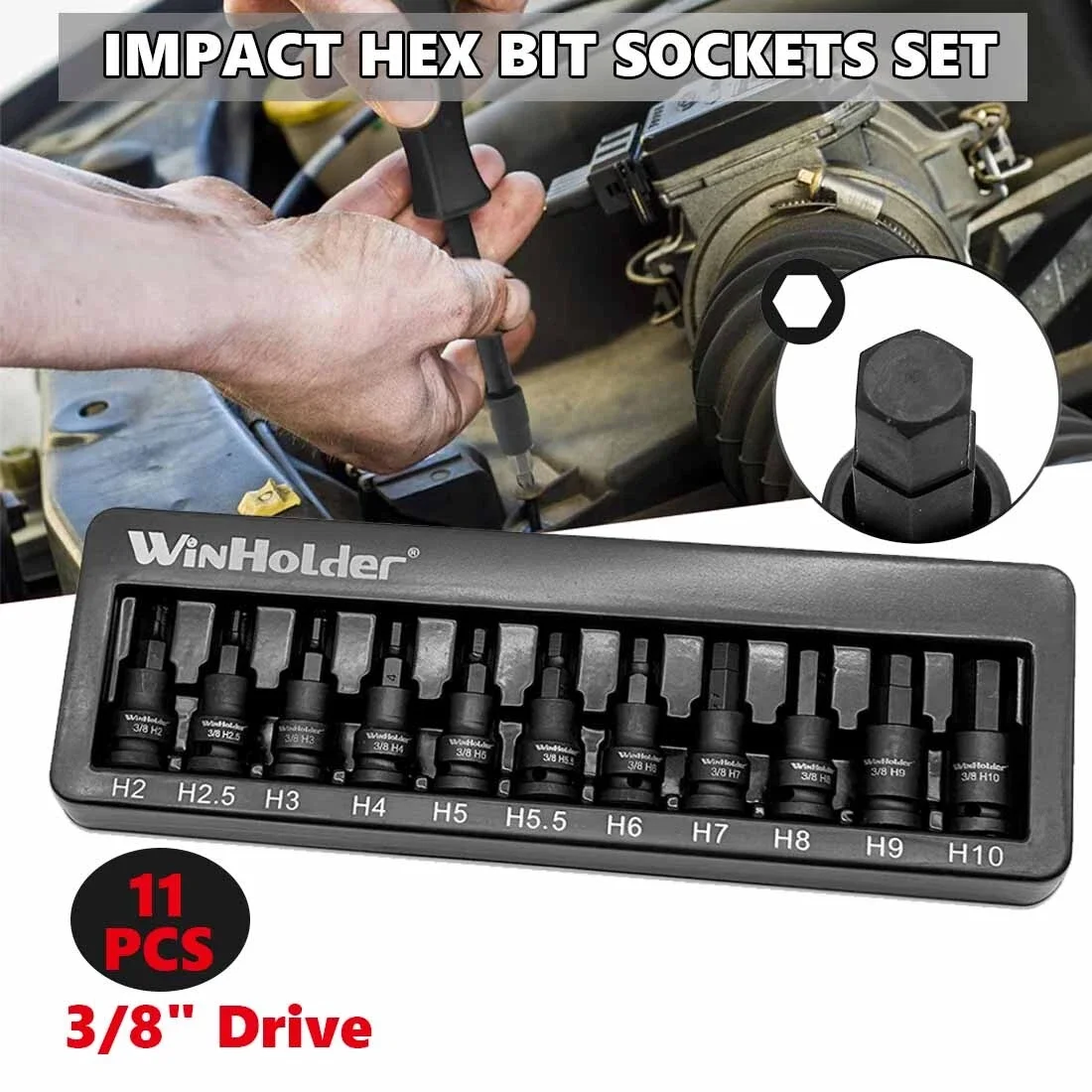 11 PCS Professional Industrial Impact Hex Bit Socket Set 3/8" Drive H2 H2.5 H3 H4 H5 H5.5 H6 H7 H8 H9 H10 Allen Key S2 Steel