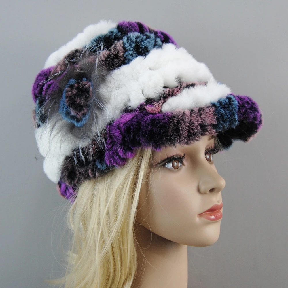 Russian Women Winter 100% Genuine Rex Rabbit Fur Caps Lady Warm Real Rex Rabbit Fur Hats Natural Soft Knitted Rex Rabbit Fur Hat 4