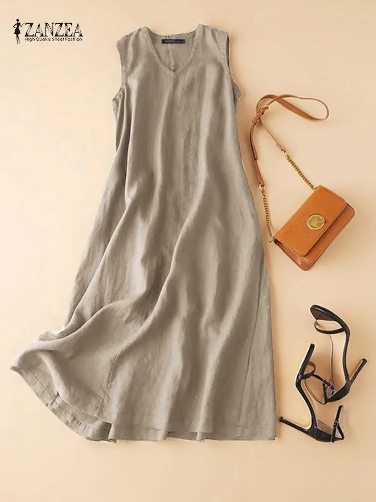 ZANZEA 2025 Sommer Ärmelloses Kleid Frau Mode V Neck Solide Sommerkleid Beiläufige Lose Party Vestidos De Mujer Vintage Rob_voghion.com