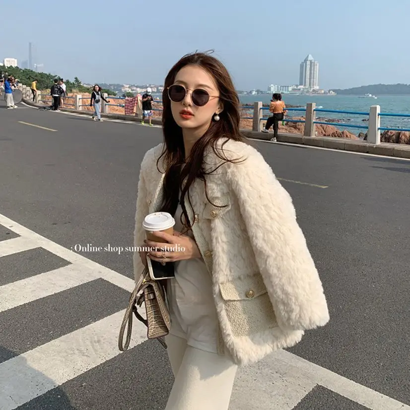 BEENLE Faux Fur Coats Elegant Loose Winter Jackets for Woman Korean Fashion Thick Crewneck Cardigan Casual Warm Cotton Coats