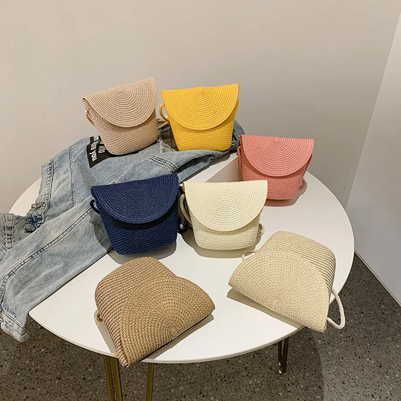 Flap Small Crossbody Shoulder Bag For Women Straw Woven Beach Bag Ladies Rattan Handmade Knitted Bucket Mini Purse and Handbags