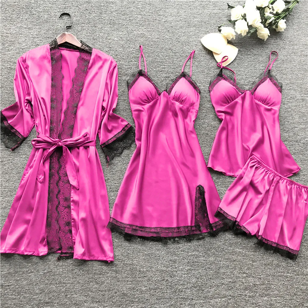 Pajama Sets Sleepwear Sets Satin Silk Women Lace Robe Dress Set 4pcs Lingerie Sleepwear Set Pajamas Nightdress Women Secret Clothes Night Gown