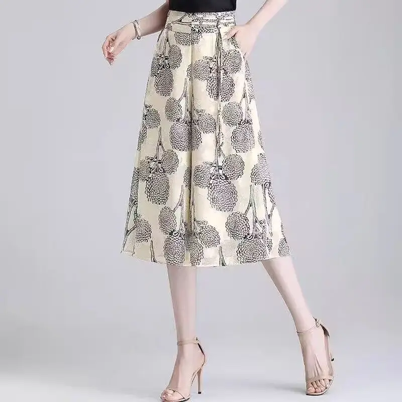 Summer Women Geometric Chiffon Wide Leg Skirt Pants Korean Fashion Capris Oversized Casual Elastic High Waist Ice Silk Trousers