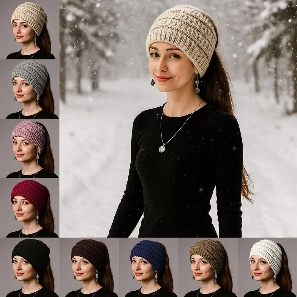 Warm Solid Color Ponytail Beanie Hat Thicken Headwear Knitted Hat Ear Protection Women's Hat Winter