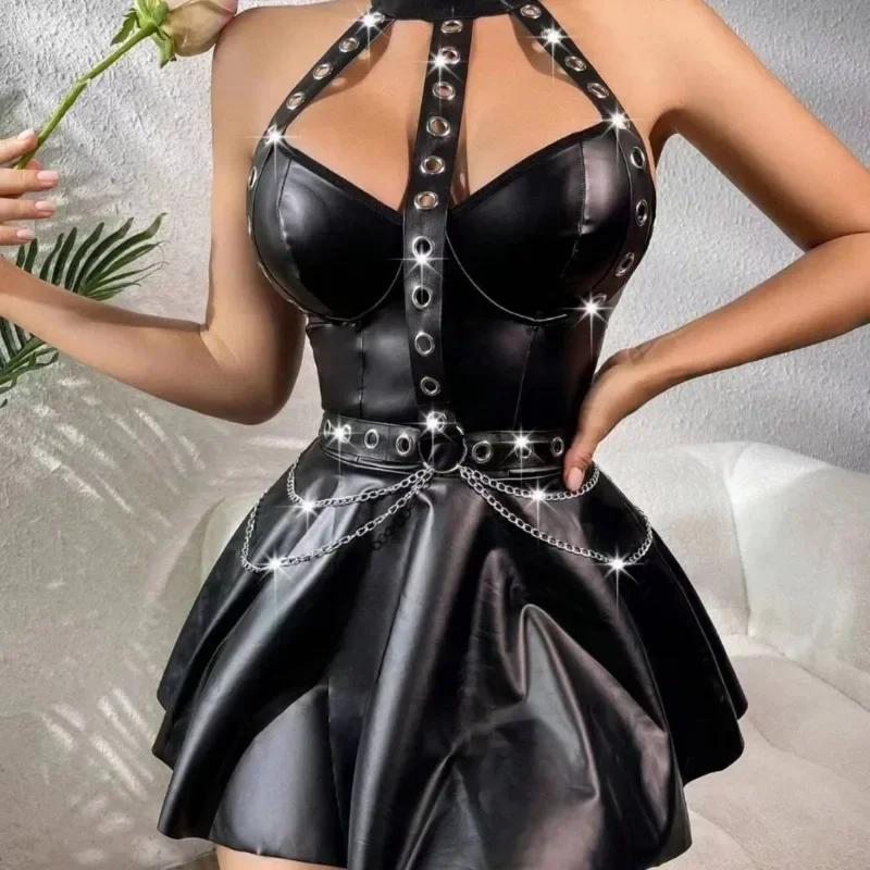 

Womens Exotic Faux Leather Dresses Fetish Hater Backless A-line Latex Mini Dress Lingerie Push Up Sexy Costumes Black Dresses