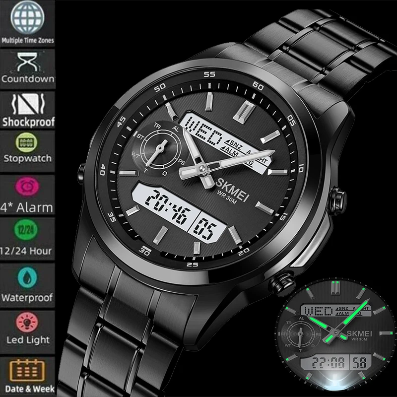 Skmei Men's LED Waterproof Sports Watch with Analog-Digital Display and Multi-Time Zone功能