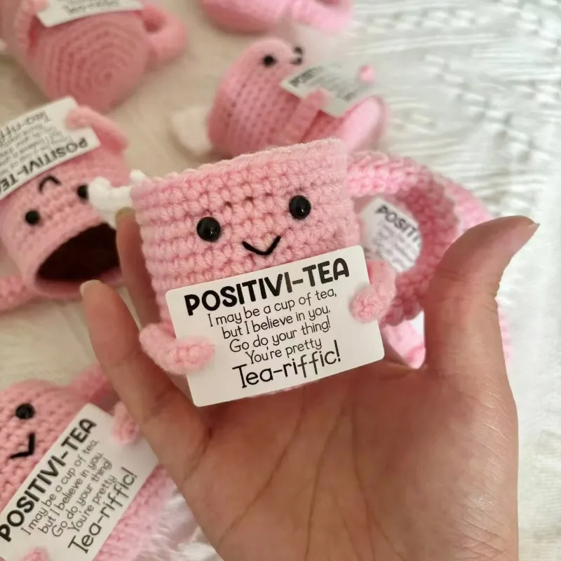 Cheerful Handmade Pink Crochet Tea Cup Doll with Motivational Card - Uplifting Desktop Ornament